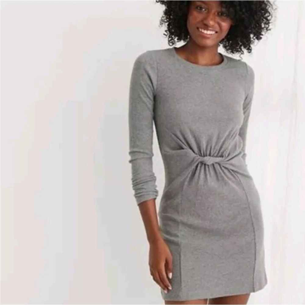 Aerie Ribbed Twisted Knot Long Sleeve Mini Dress Size medium grey comfy office